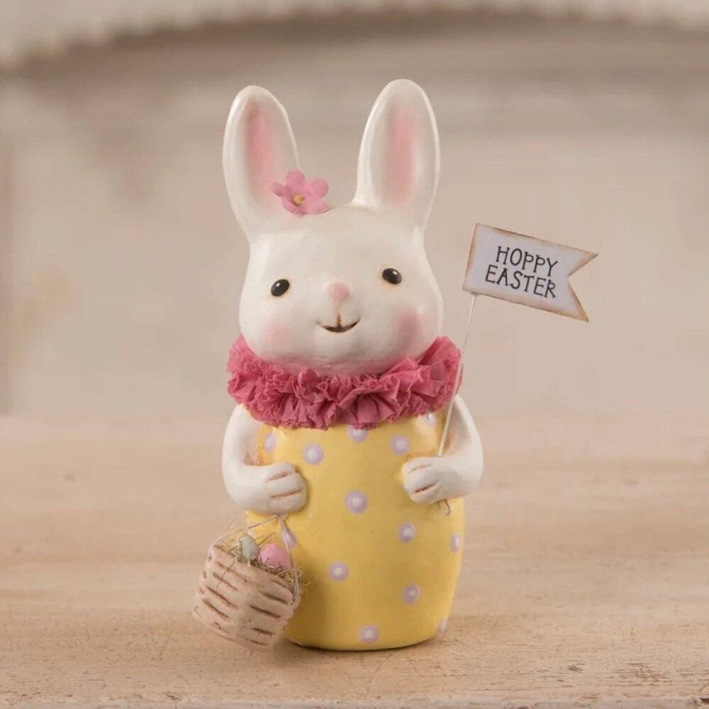 Bethany Lowe Hoppy Easter Bunny Figure Yellow Egg Shaped Body Basket of Eggs New